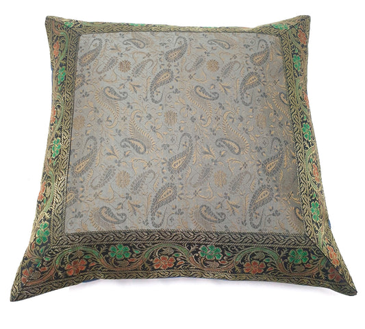 16x16" Banarasi Cushion Covers Indian Woven Zari Brocade Silk Paisley Gray Gift