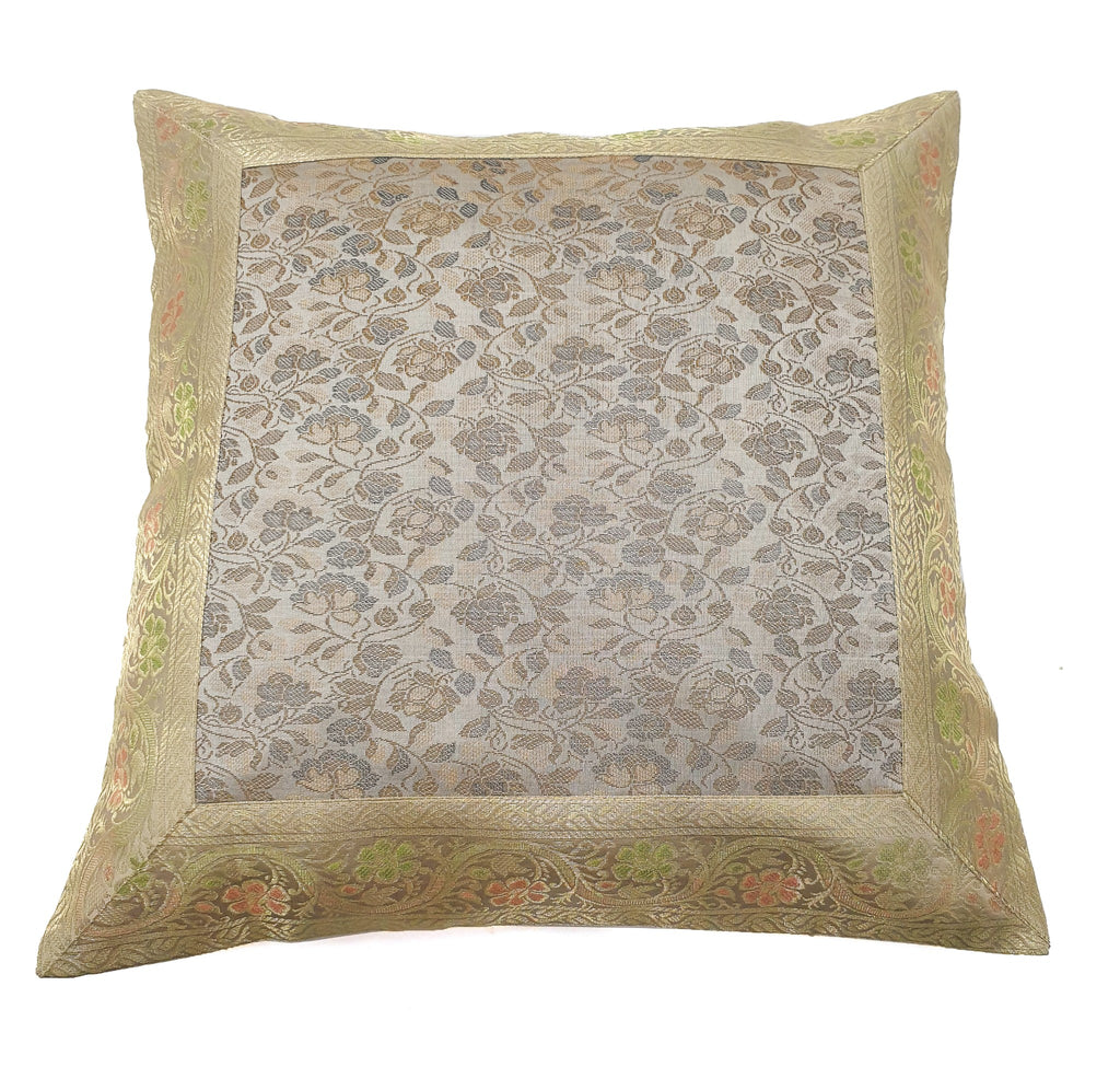 16x16" Banarasi Cushion Cover Woven Zari Brocade Silk Floral Gray Indian Gift