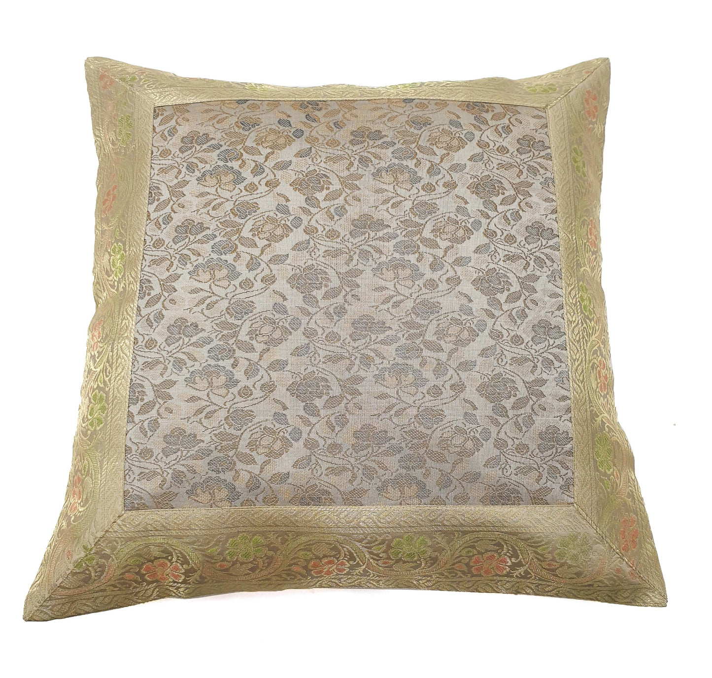 16x16" Banarasi Cushion Cover Woven Zari Brocade Silk Floral Gray Indian Gift