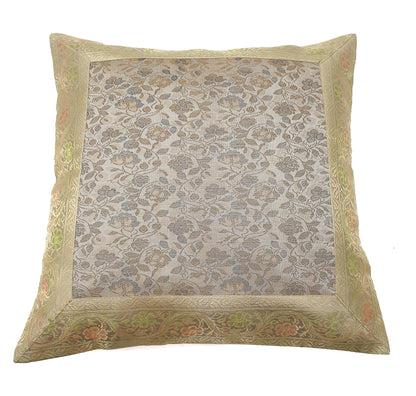 16x16" Banarasi Cushion Cover Woven Zari Brocade Silk Floral Gray Indian Gift