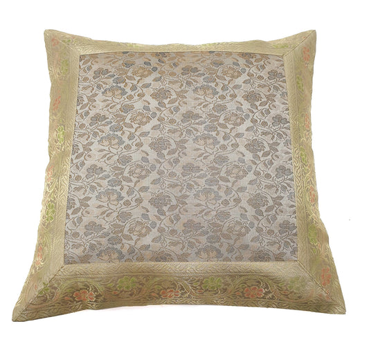 16x16" Banarasi Cushion Cover Woven Zari Brocade Silk Floral Gray Indian Gift