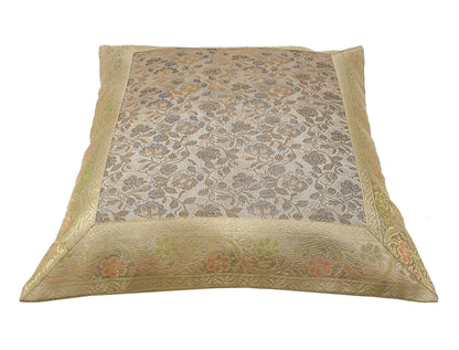 16x16" Banarasi Cushion Cover Woven Zari Brocade Silk Floral Gray Indian Gift