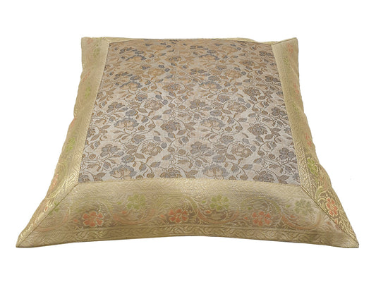 16x16" Banarasi Cushion Cover Woven Zari Brocade Silk Floral Gray Indian Gift