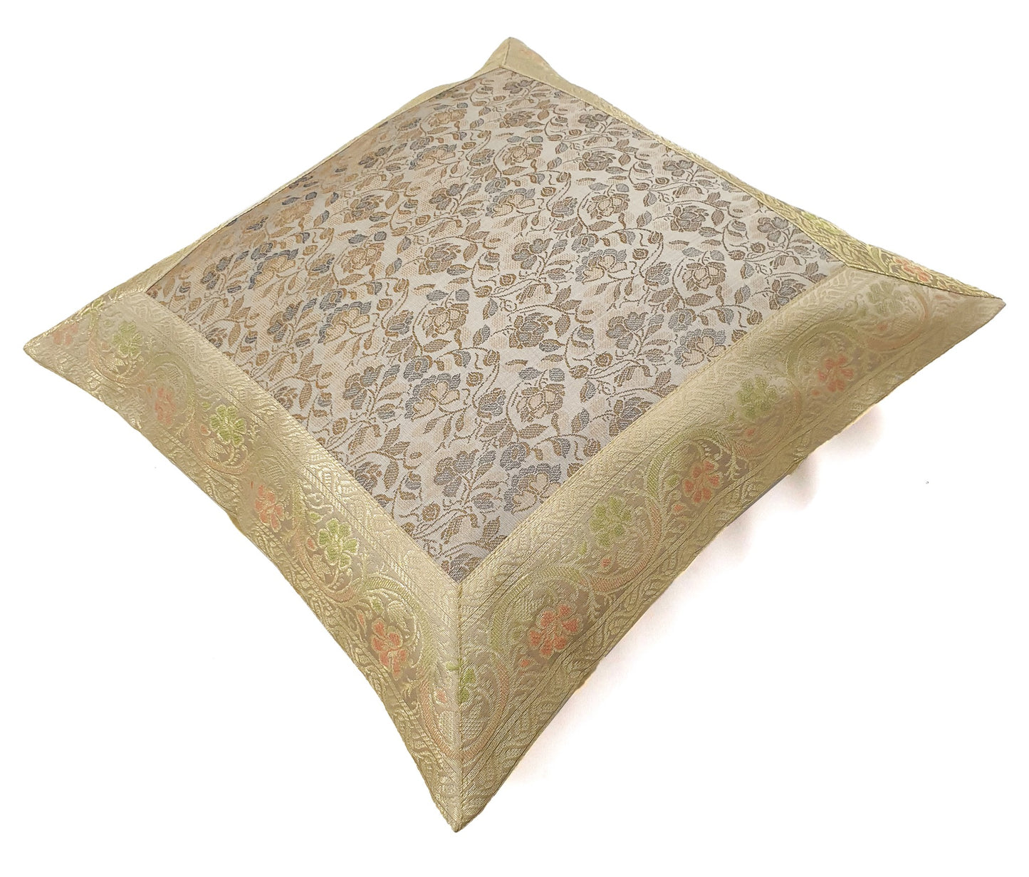 16x16" Banarasi Cushion Cover Woven Zari Brocade Silk Floral Gray Indian Gift