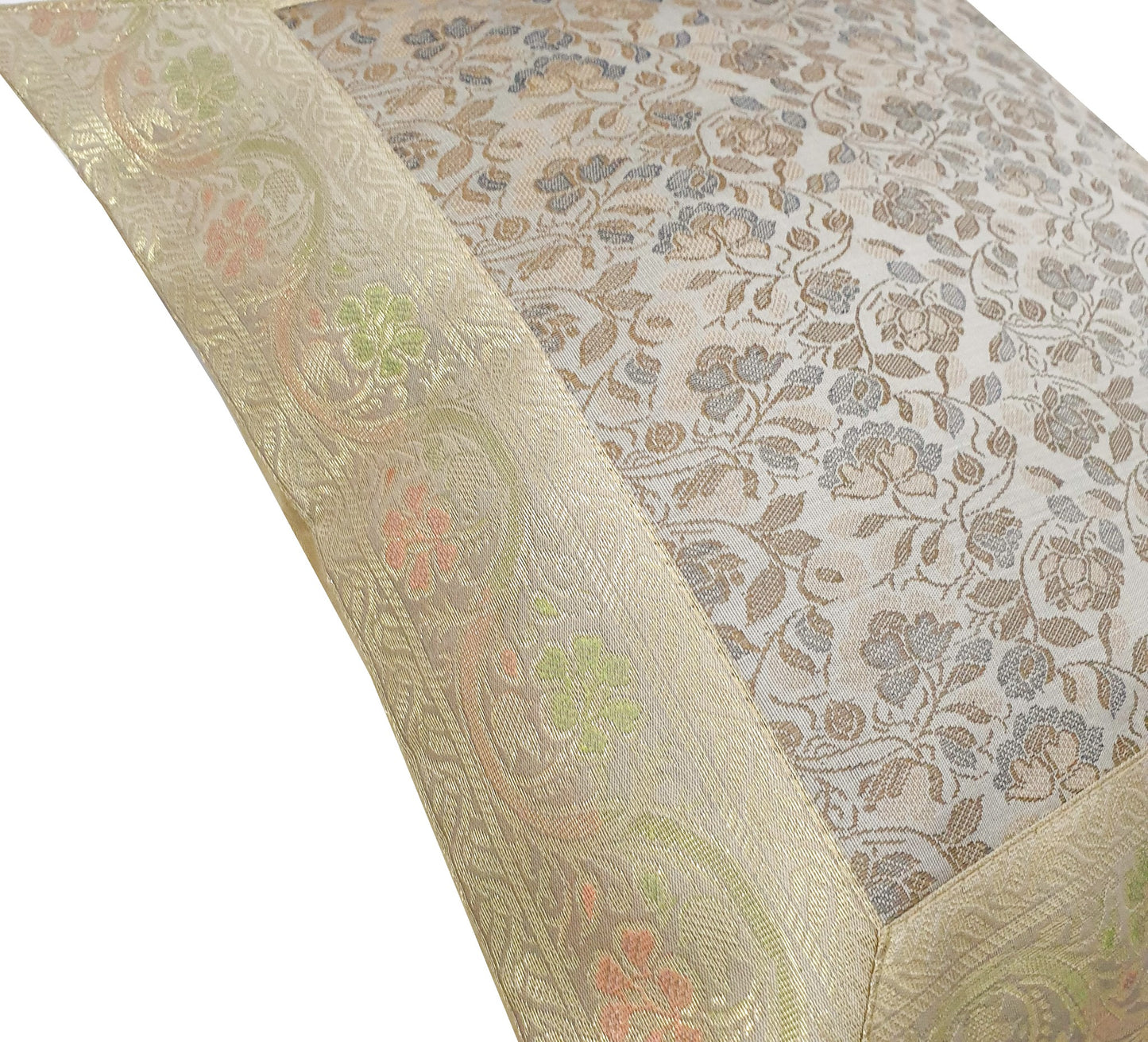 16x16" Banarasi Cushion Cover Woven Zari Brocade Silk Floral Gray Indian Gift