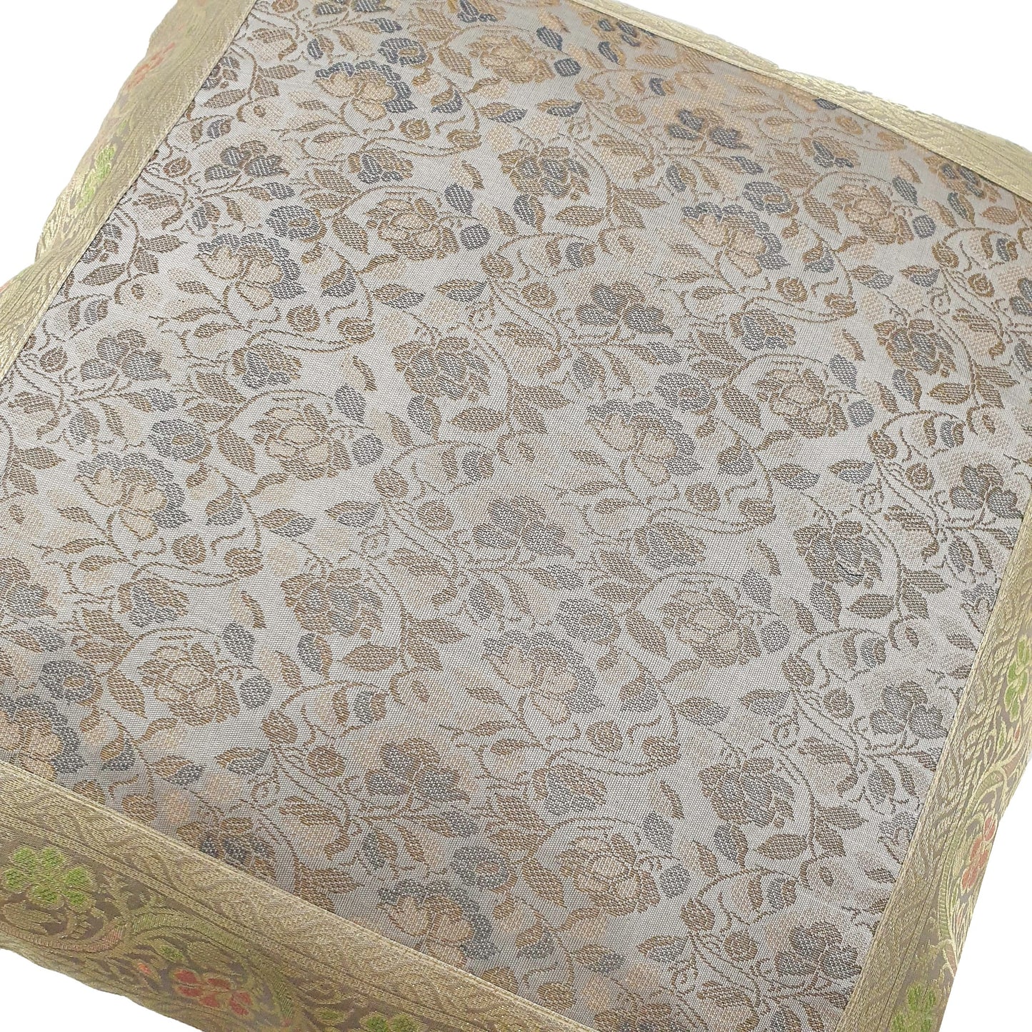 16x16" Banarasi Cushion Cover Woven Zari Brocade Silk Floral Gray Indian Gift