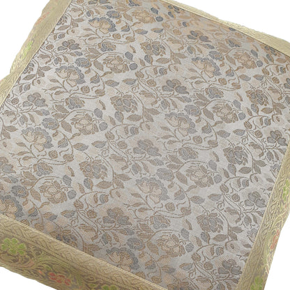 16x16" Banarasi Cushion Cover Woven Zari Brocade Silk Floral Gray Indian Gift