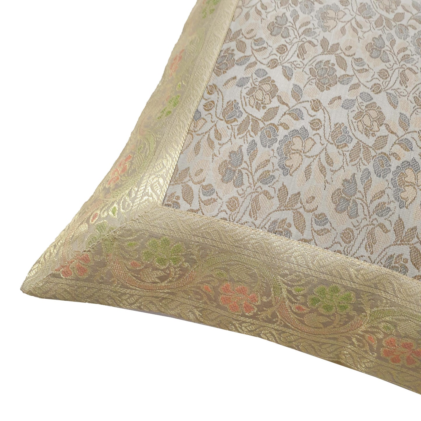 16x16" Banarasi Cushion Cover Woven Zari Brocade Silk Floral Gray Indian Gift