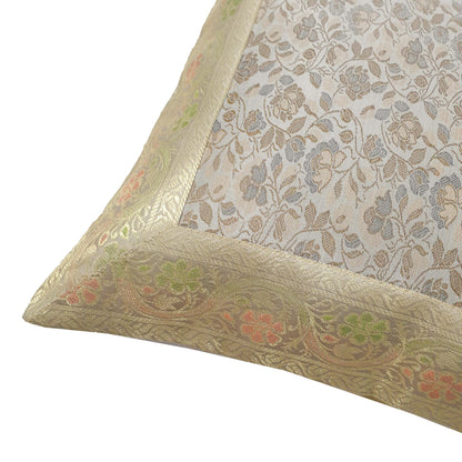 16x16" Banarasi Cushion Cover Woven Zari Brocade Silk Floral Gray Indian Gift