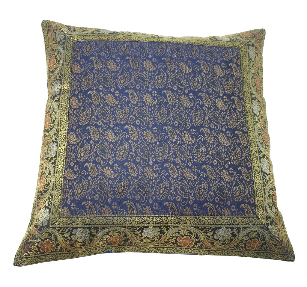 16x16" Banarasi Cushion Cover Indian Woven Brocade Silk Paisley Dark Blue Gift