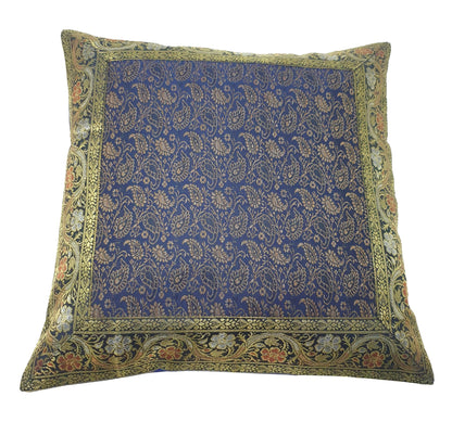 16x16" Banarasi Cushion Cover Indian Woven Brocade Silk Paisley Dark Blue Gift