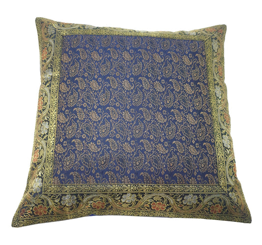 16x16" Banarasi Cushion Cover Indian Woven Brocade Silk Paisley Dark Blue Gift