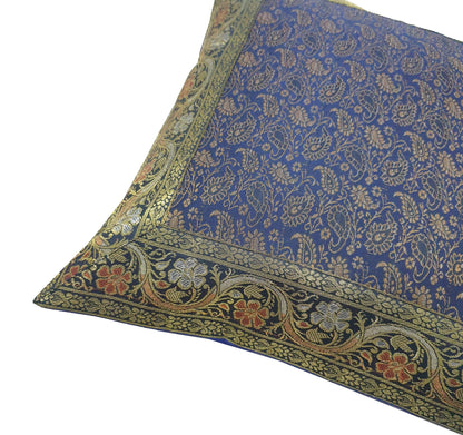 16x16" Banarasi Cushion Cover Indian Woven Brocade Silk Paisley Dark Blue Gift