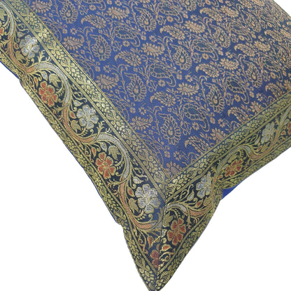 16x16" Banarasi Cushion Cover Indian Woven Brocade Silk Paisley Dark Blue Gift