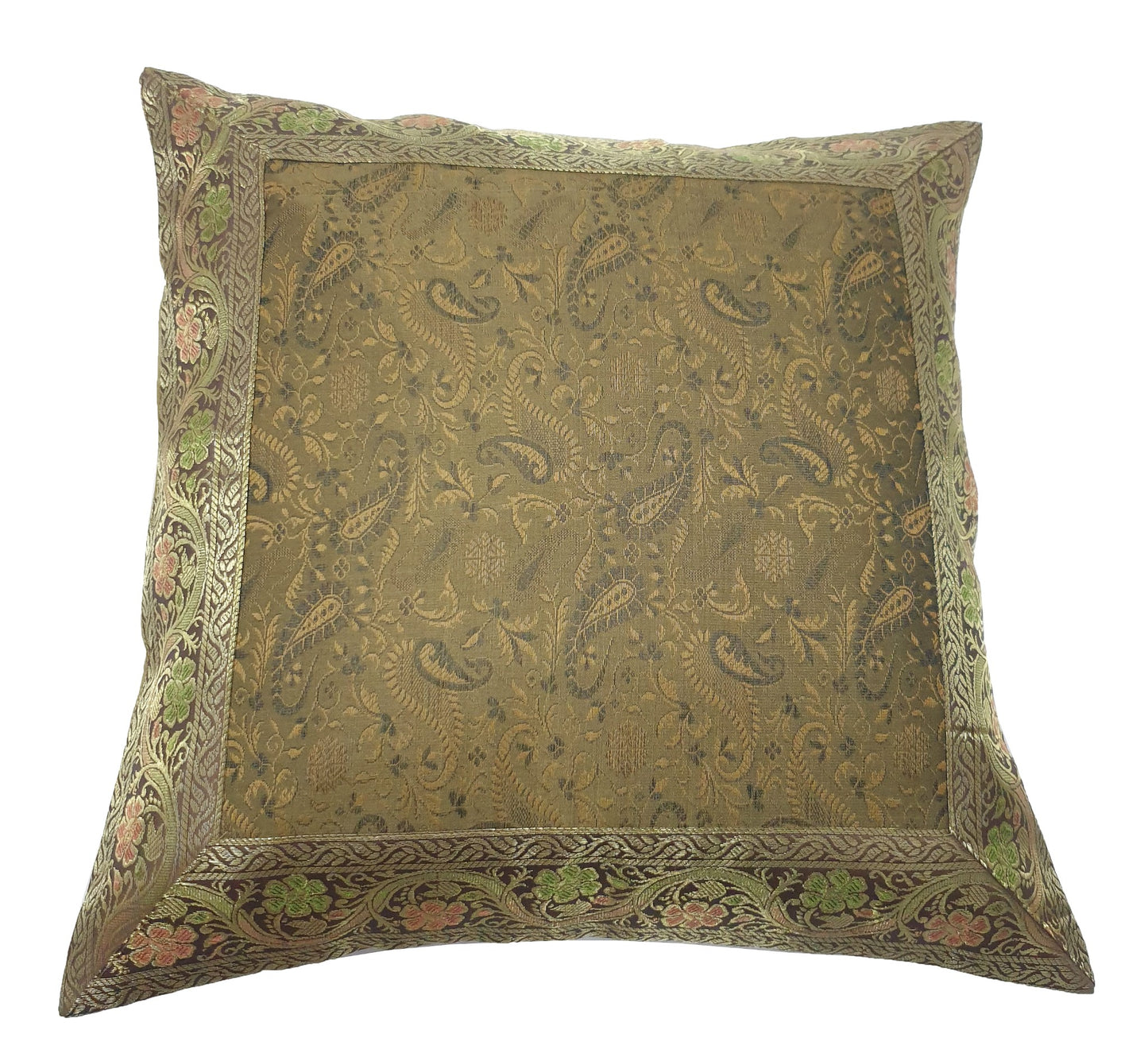 16x16" Banarasi Cushion Cover Indian Woven Zari Brocade Silk Paisley Decor Gift