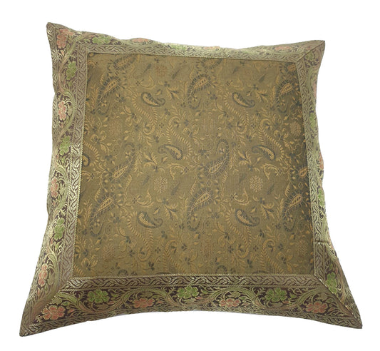 16x16" Banarasi Cushion Cover Indian Woven Zari Brocade Silk Paisley Decor Gift