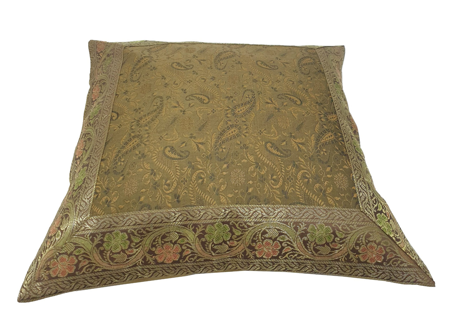 16x16" Banarasi Cushion Cover Indian Woven Zari Brocade Silk Paisley Decor Gift
