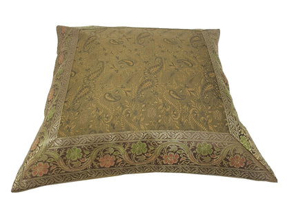 16x16" Banarasi Cushion Cover Indian Woven Zari Brocade Silk Paisley Decor Gift