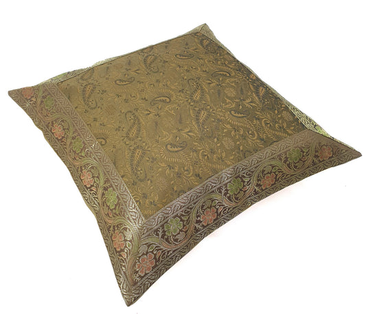 16x16" Banarasi Cushion Cover Indian Woven Zari Brocade Silk Paisley Decor Gift