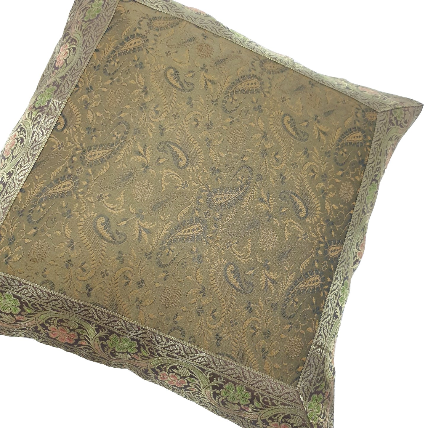 16x16" Banarasi Cushion Cover Indian Woven Zari Brocade Silk Paisley Decor Gift