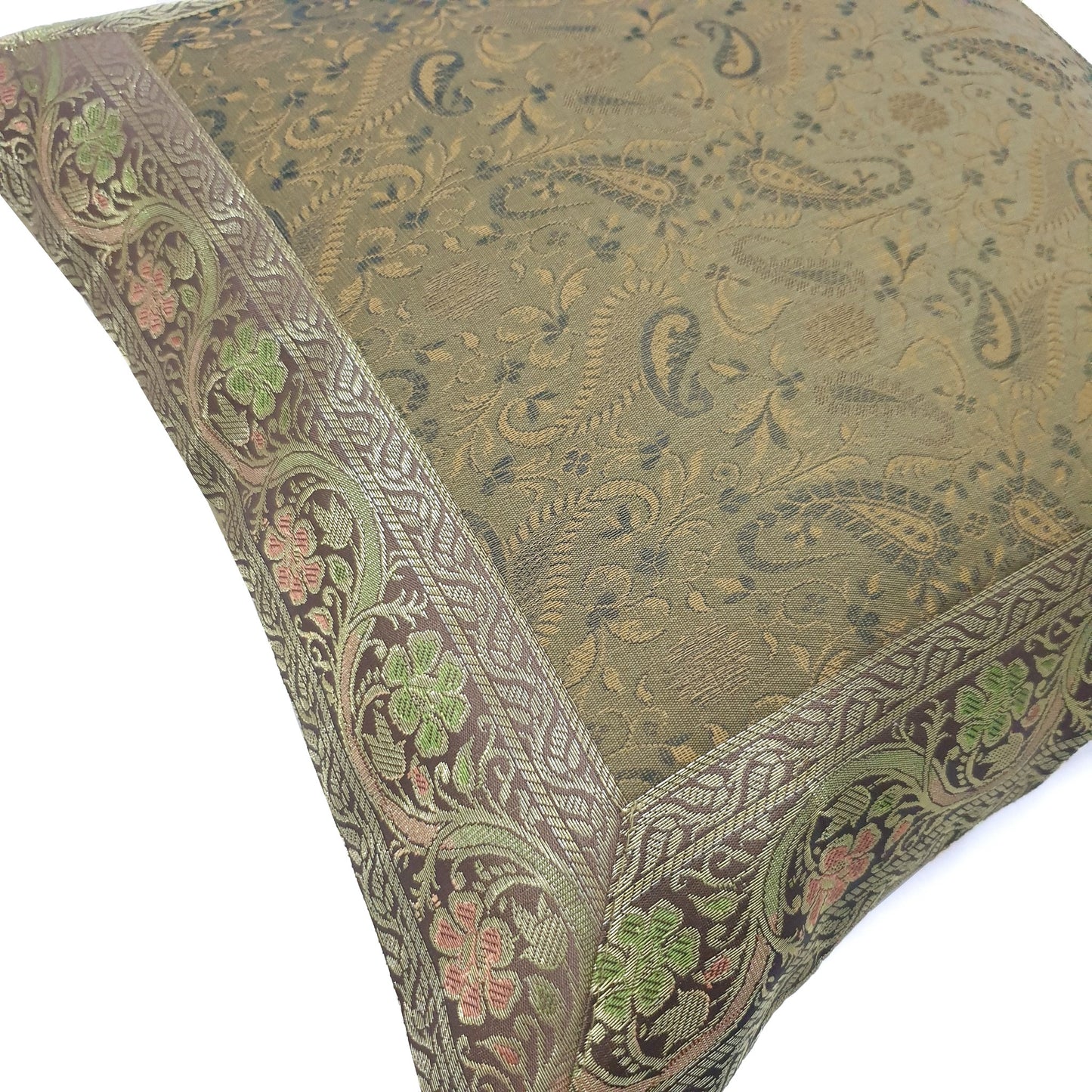 16x16" Banarasi Cushion Cover Indian Woven Zari Brocade Silk Paisley Decor Gift
