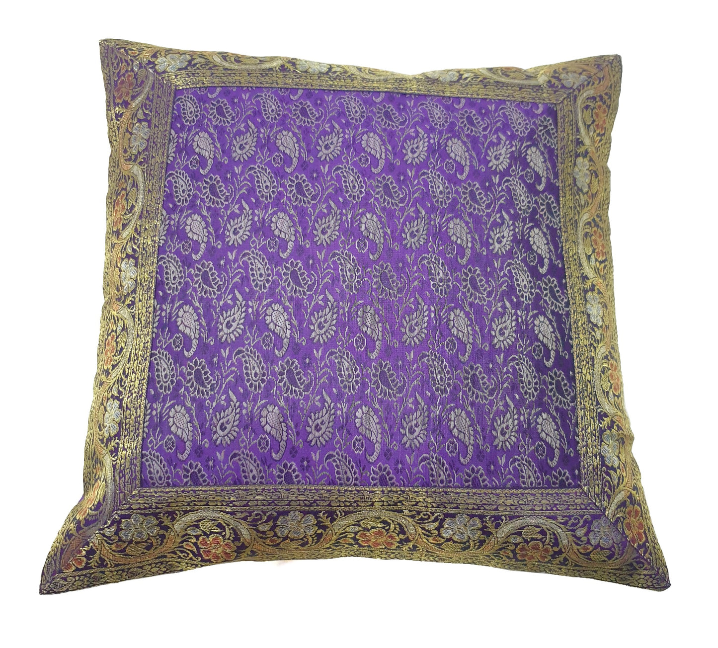 16x16" Banarasi Cushion Cover Purple Indian Woven Zari Brocade Silk Paisley Gift