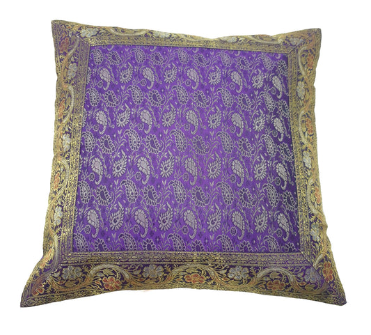 16x16" Banarasi Cushion Cover Purple Indian Woven Zari Brocade Silk Paisley Gift