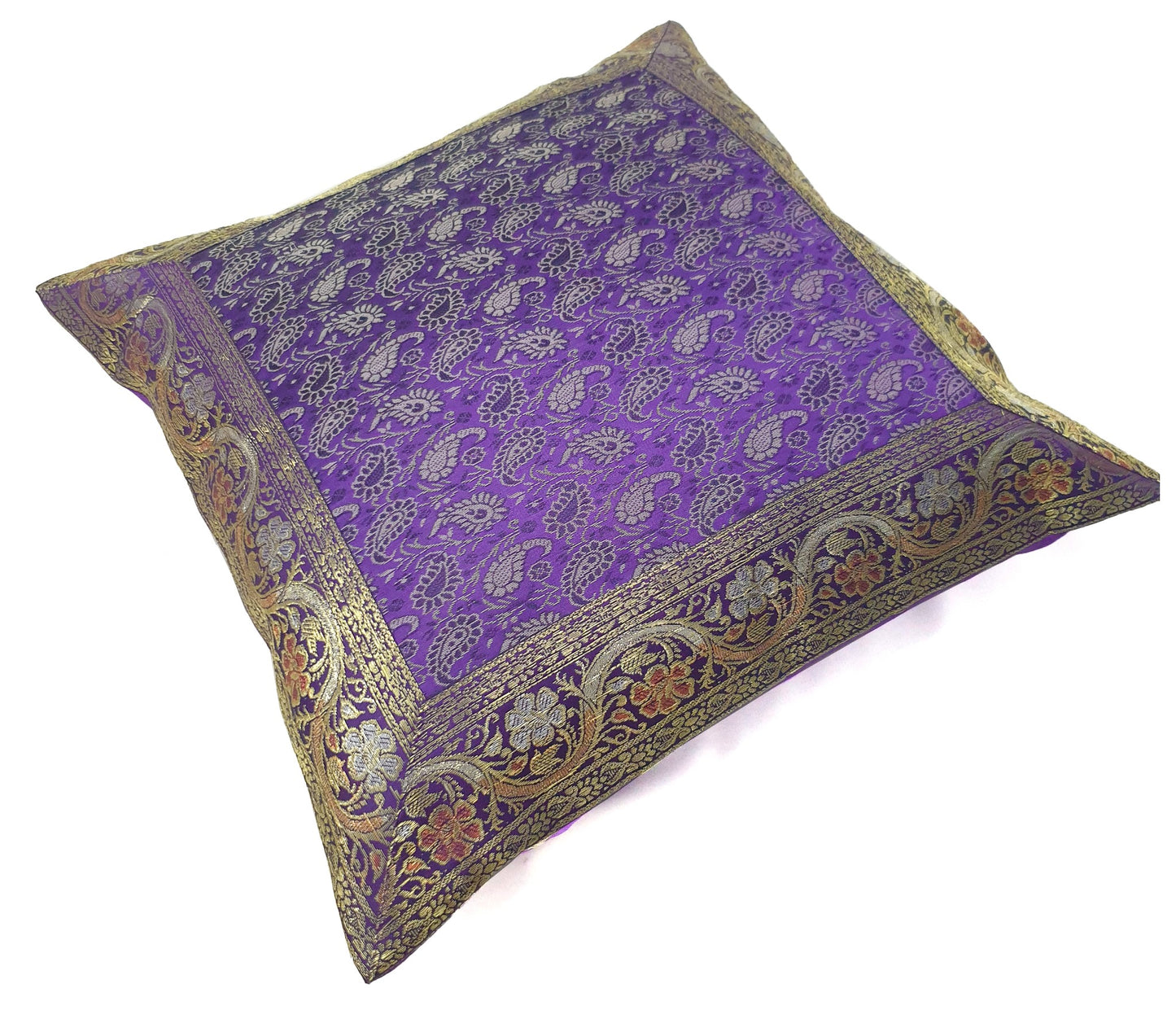 16x16" Banarasi Cushion Cover Purple Indian Woven Zari Brocade Silk Paisley Gift