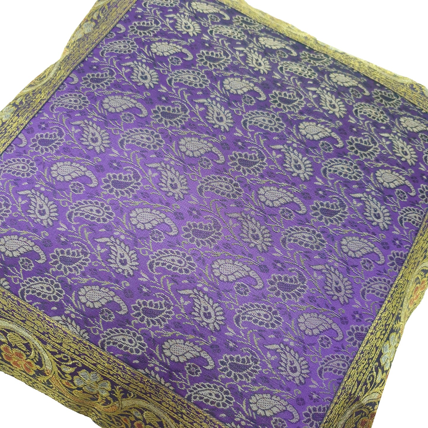 16x16" Banarasi Cushion Cover Purple Indian Woven Zari Brocade Silk Paisley Gift