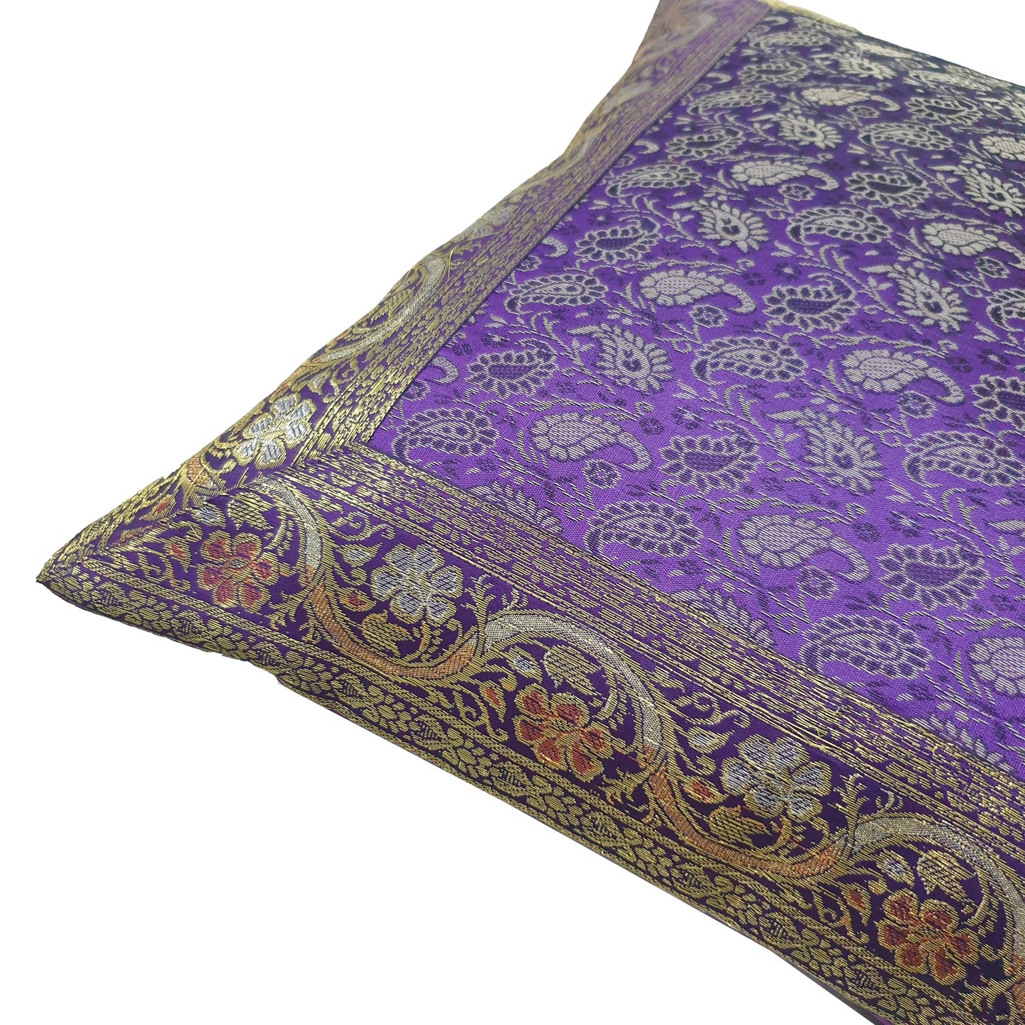 16x16" Banarasi Cushion Cover Purple Indian Woven Zari Brocade Silk Paisley Gift