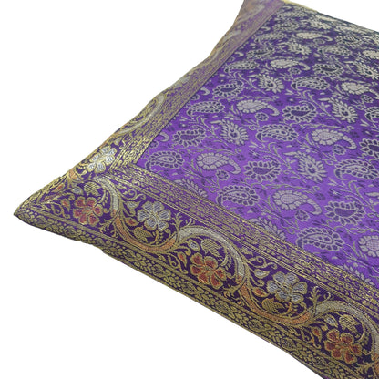 16x16" Banarasi Cushion Cover Purple Indian Woven Zari Brocade Silk Paisley Gift