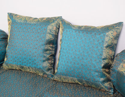 Turquoise Blue Banarasi Diwan Set – Silk Zari Brocade Cushion & Bolster Covers