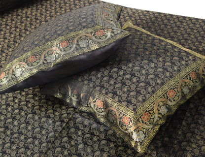 Black Banarasi Diwan Set – Rich Silk Woven Zari Brocade Cushion & Bolster Cover