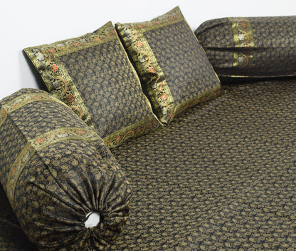 Black Banarasi Diwan Set – Rich Silk Woven Zari Brocade Cushion & Bolster Cover