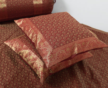 Banarasi Ethnic Maroon Diwan Set Cushion & Bolster Cover Silk Woven Zari Brocade