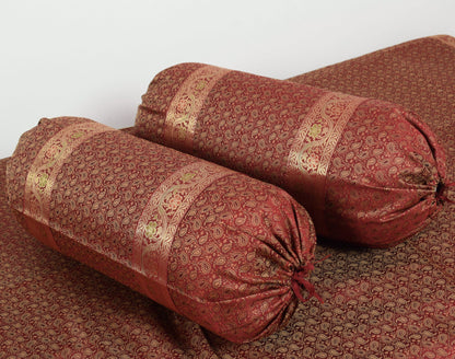 Banarasi Ethnic Maroon Diwan Set Cushion & Bolster Cover Silk Woven Zari Brocade
