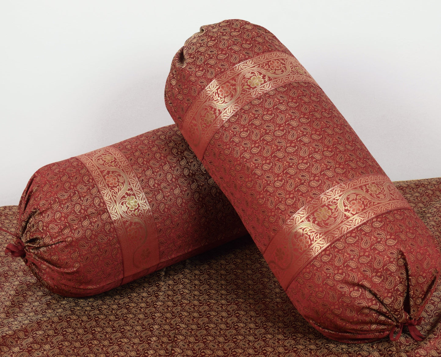 Banarasi Ethnic Maroon Diwan Set Cushion & Bolster Cover Silk Woven Zari Brocade