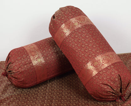 Banarasi Ethnic Maroon Diwan Set Cushion & Bolster Cover Silk Woven Zari Brocade
