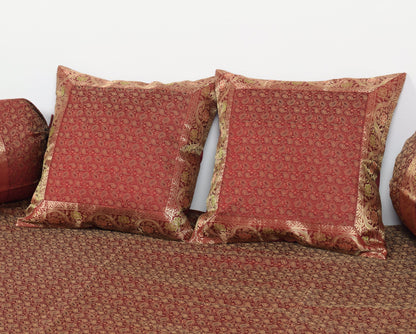 Banarasi Ethnic Maroon Diwan Set Cushion & Bolster Cover Silk Woven Zari Brocade