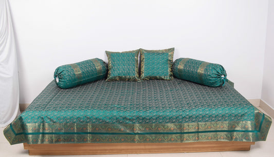 Teal Green – Banarasi Diwan Set Silk & Zari Brocade Cushion and Bolster Cover