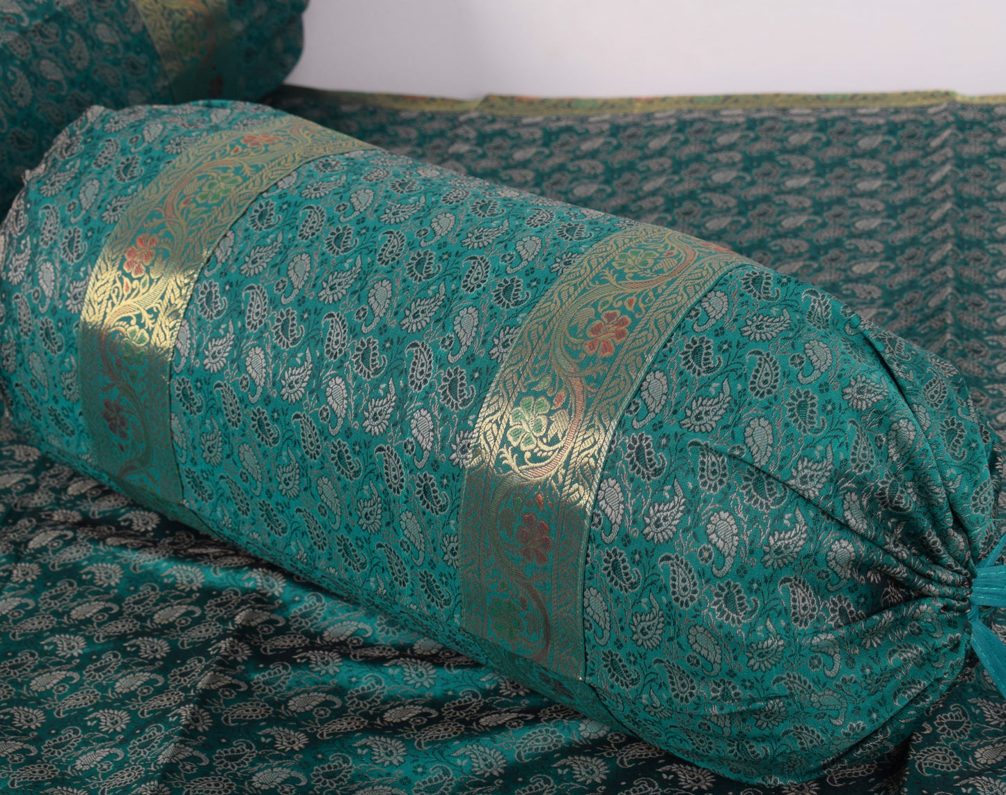 Teal Green – Banarasi Diwan Set Silk & Zari Brocade Cushion and Bolster Cover