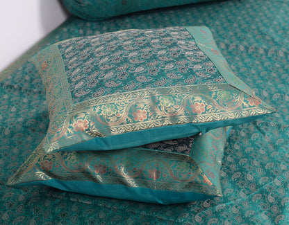 Teal Green – Banarasi Diwan Set Silk & Zari Brocade Cushion and Bolster Cover