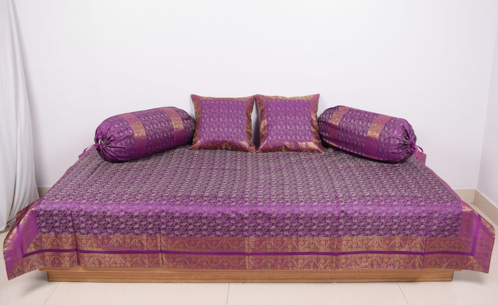 Regal Banarasi Purple Diwan Ensemble Silk & Zari Brocade Cushion & Bolster Cover