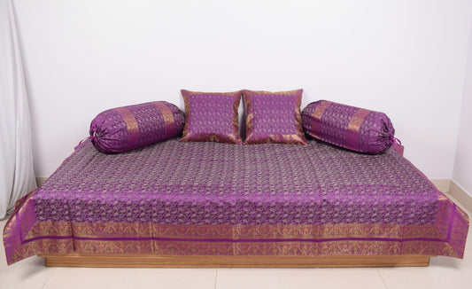 Regal Banarasi Purple Diwan Ensemble Silk & Zari Brocade Cushion & Bolster Cover