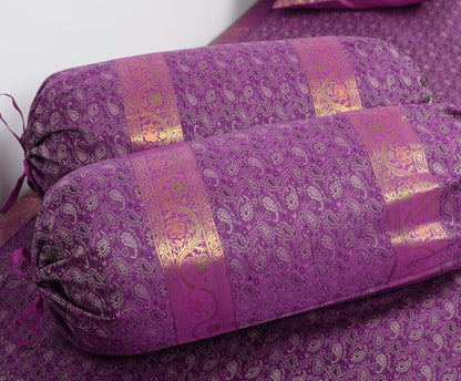 Regal Banarasi Purple Diwan Ensemble Silk & Zari Brocade Cushion & Bolster Cover