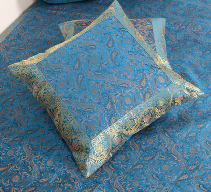 Turquoise Blue Banarasi Diwan Set Silk Zari Brocade Gift Cushion & Bolster Cover