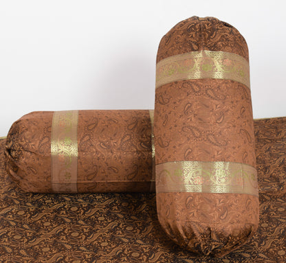 Dark Brown Banarasi Diwan Set Silk Zari Brocade Gift Cushion & Bolster Cover
