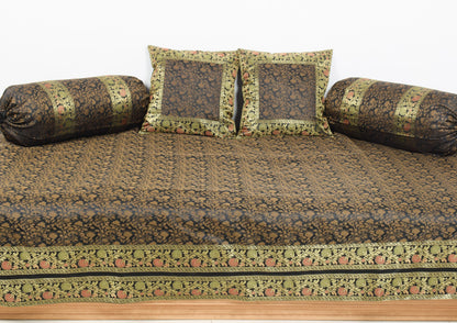 Banarasi Diwan Set Black Silk Zari Brocade Indian Gift Cushion & Bolster Cover