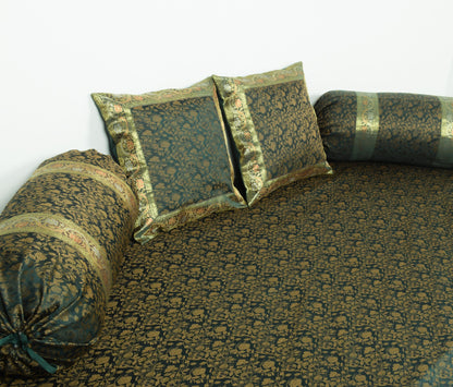 Banarasi Diwan Set Dark Green Silk Zari Brocade Indian Cushion & Bolster Cover