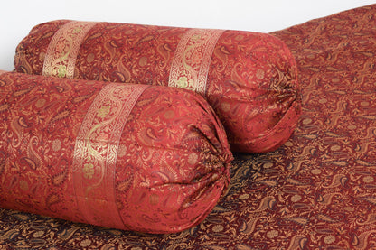 Maroon 5P Diwan Set– Banarasi Silk Zari Brocade Indian Cushions & Bolster Cover